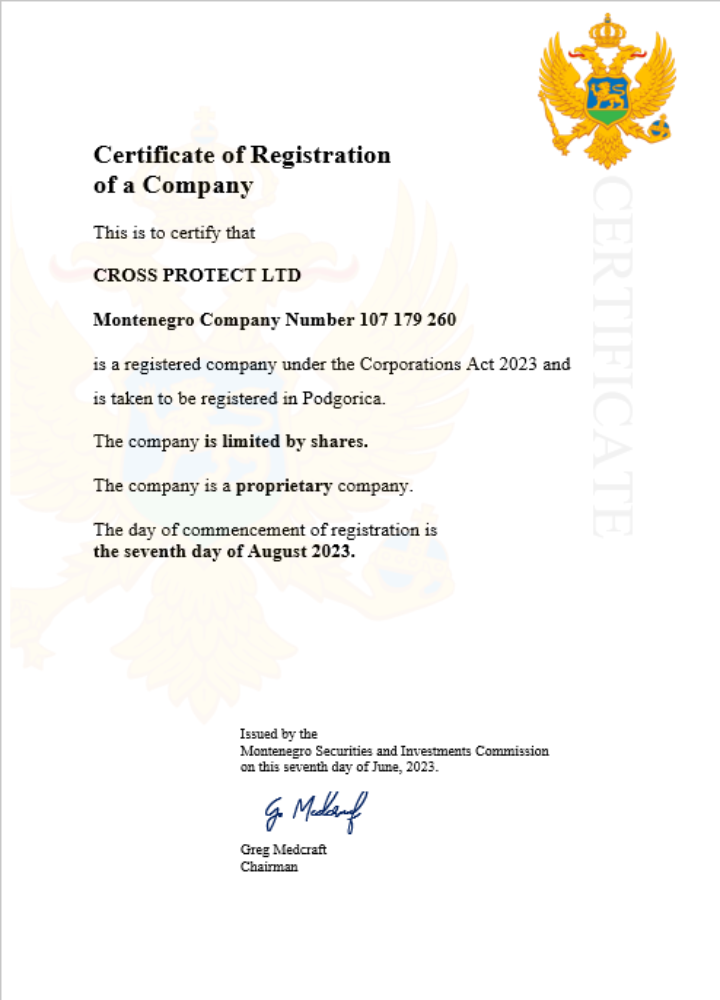 Montenegro company registration certificate Word and PDF template